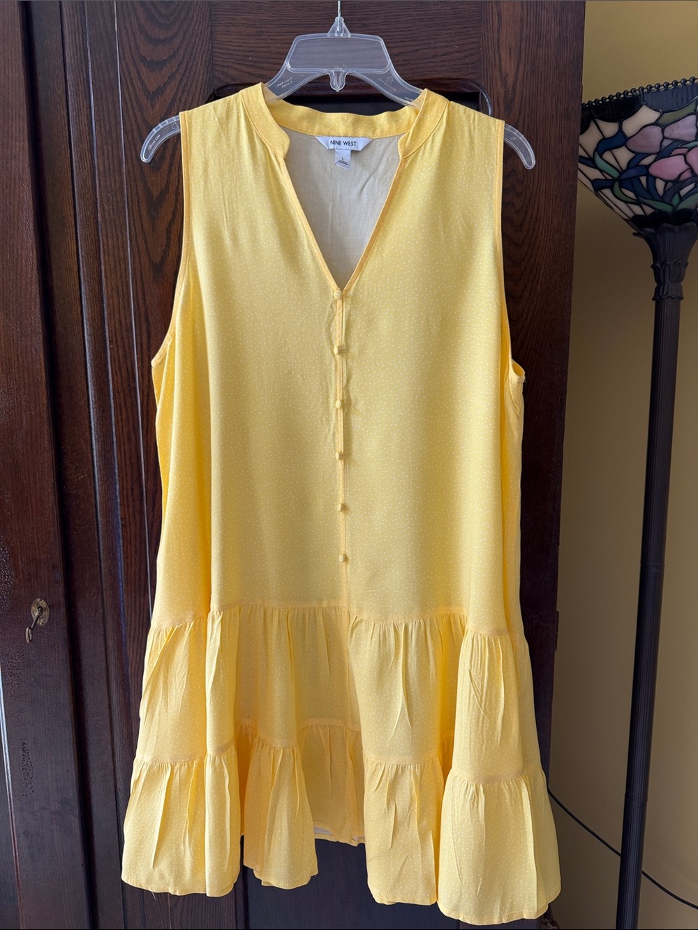 Nine West Soft Yellow Micro Polka Dot Sleeveless Tiered V-Neck Dress